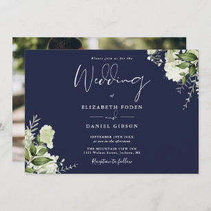 Navy Blue Botanical Greenery Photo Wedding  Invitation