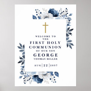 Navy Blue Botanical Holy Communion Welcome Sign