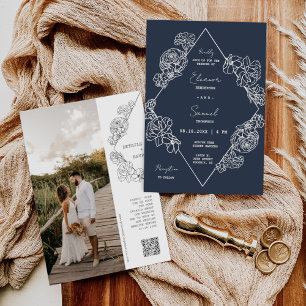 Navy Blue Botanical Line Art Boho QR Code Photo Invitation