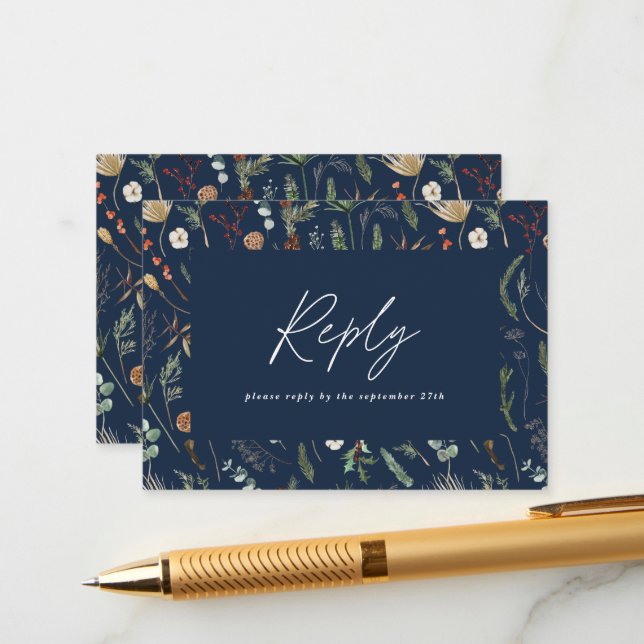 Navy blue botanical minimal elegant wedding reply enclosure card (Front/Back In Situ)
