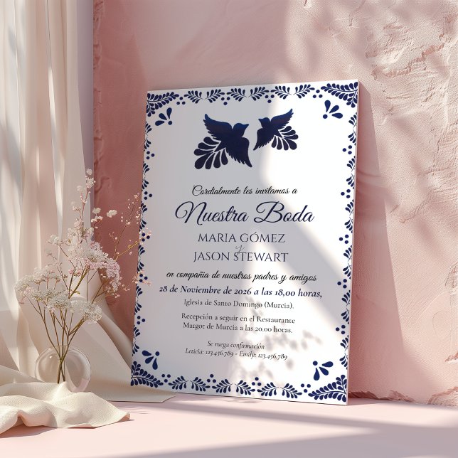 Navy Blue Botanical Minimalist Spanish Wedding Invitation (Navy Blue Botanical Minimalist Spanish Wedding Invitation)