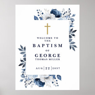 Navy Blue Botanical Modern Baptism Welcome Sign