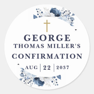 Navy Blue Botanical Modern Confirmation Classic Round Sticker