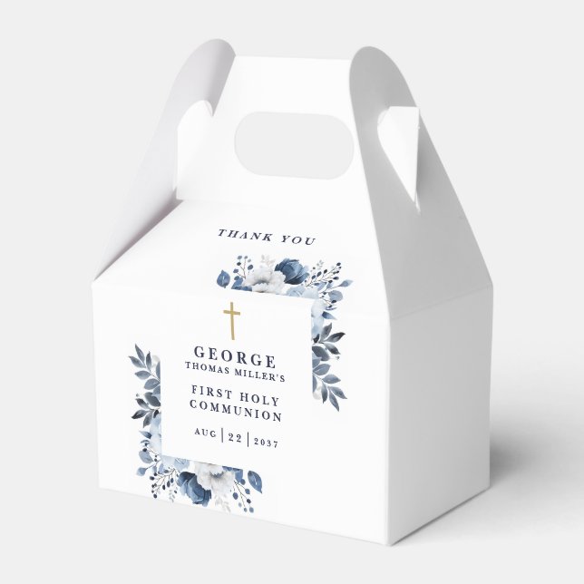 Navy Blue Botanical Modern Holy Communion Favour Box (Front Side)