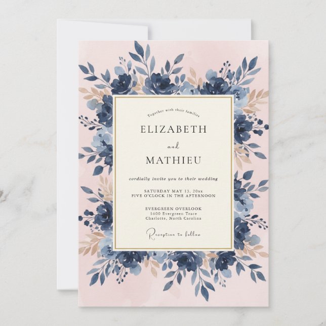 Navy Blue Botanical Romance Wedding Invitation (Front)