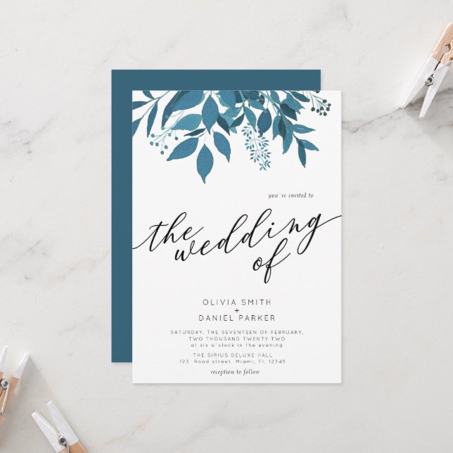 Navy Blue Botanical | Script Winter Wedding  Invitation (Front/Back In Situ)