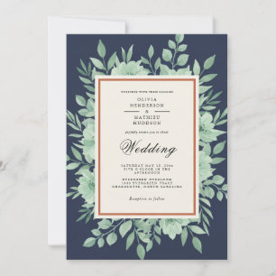 Navy Blue Botanical Spring Wedding Invitation