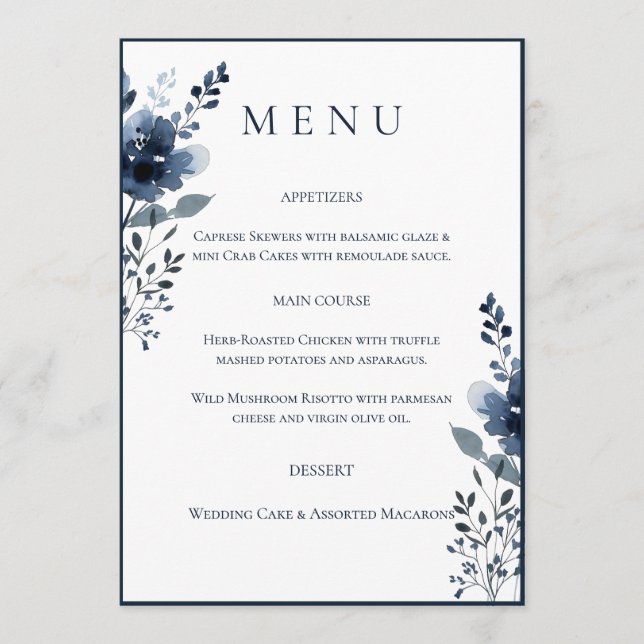 Navy Blue Botanical Wedding Menu (Front)