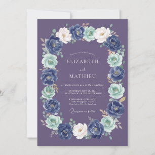 Navy Blue Botanical Wreath Wedding Invitation