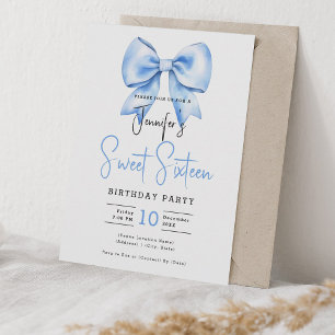 Navy Blue Bow Coquette Cute Script Sweet 16 Invitation