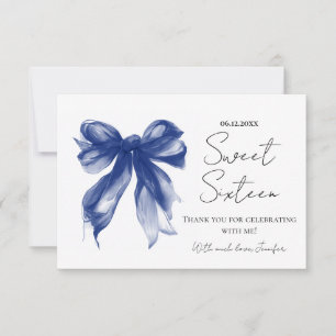 Navy Blue Bow Coquette Script Sweet 16 Thank You Card