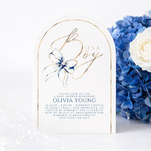 Navy Blue Bow Elegant Modern Baby Shower Boy Invitation