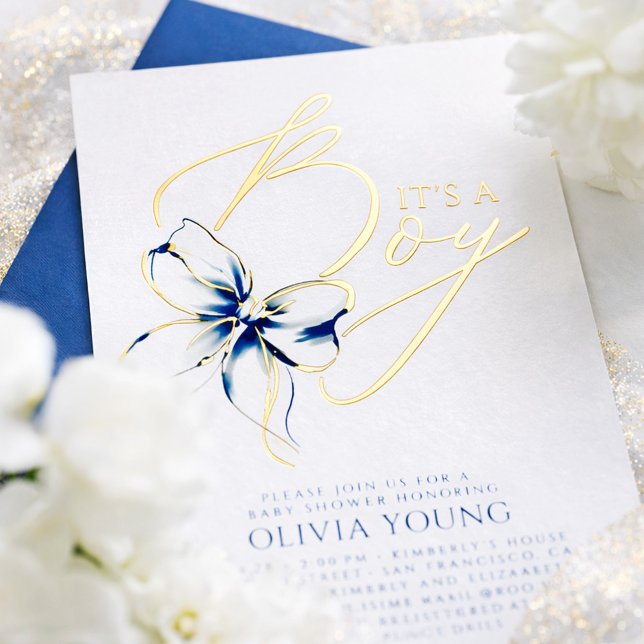 Navy Blue Bow Elegant Modern Boy Baby Shower (Navy Blue and Gold Foil Bow Boy Baby Shower Invitation)