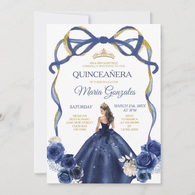 Navy Blue Bow Princess Gold Crown Quinceañera Invitation (Front)