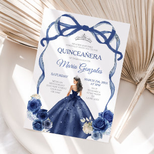 Navy Blue Bow Princess Silver Crown Quinceañera Invitation