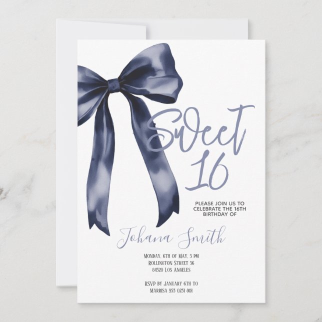 Navy Blue Bow Sweet Sixteen Girl Birthday Party Invitation (Front)