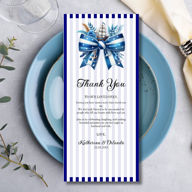 Navy Blue Bow Wedding Place Setting Thank You Card (Creator Uploaded)