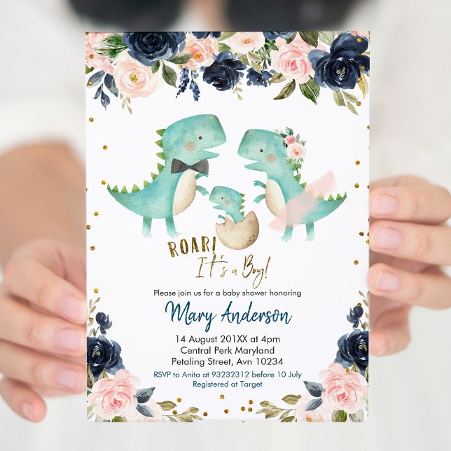 Navy Blue Boy Dinosaur Couple Shower Invite Roar (Creator Uploaded)