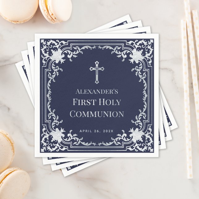 Navy Blue Boy First Communion Elegant Faux Silver Napkin (Creator Uploaded)