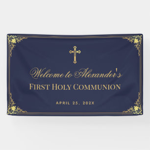 Navy Blue Boy First Communion Faux Gold Vintage Banner