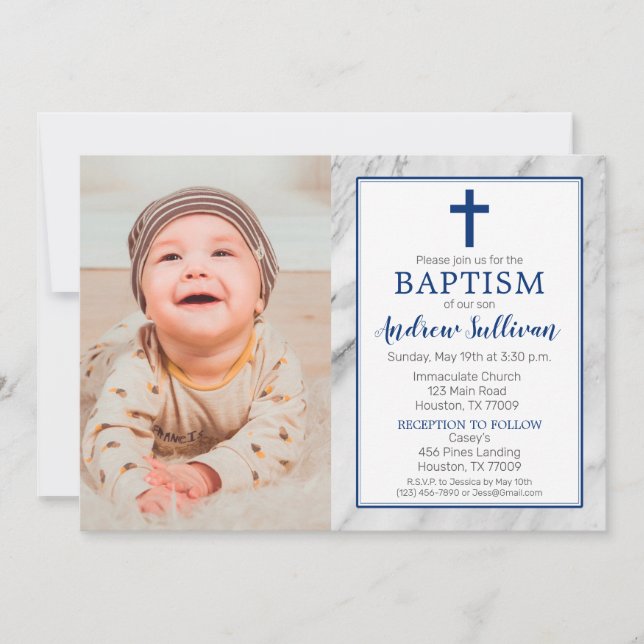 Navy Blue Boy Marble Baptism Photo Invitation (Front)