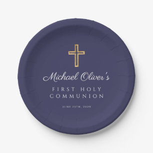 Navy Blue Boy Religious Cross First Communion  Paper Plate