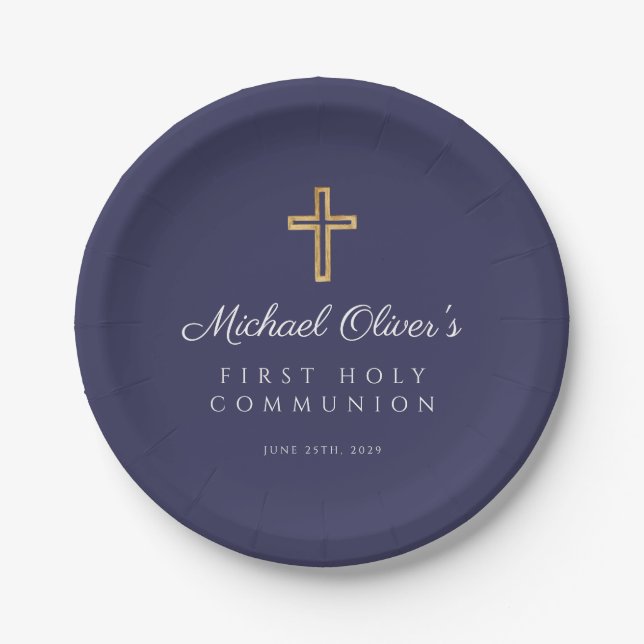 Navy Blue Boy Religious Cross First Communion  Paper Plate (Front)