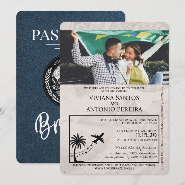 Navy Blue Brazil Passport Wedding Invitation (Front/Back)