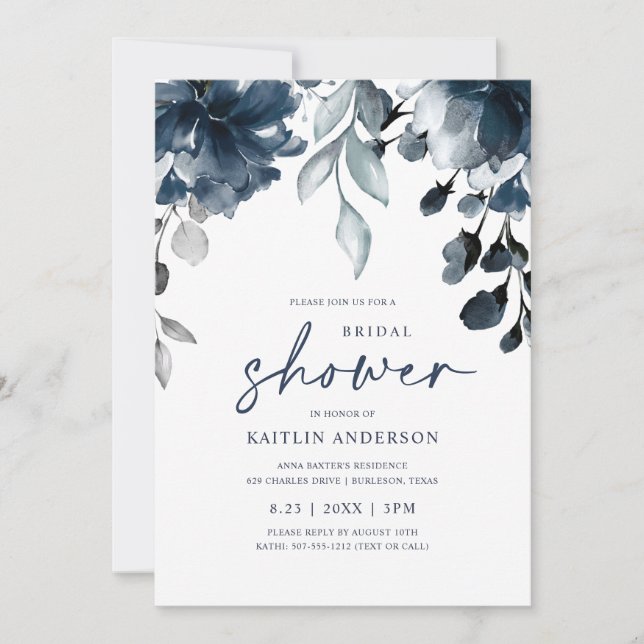 Navy Blue Bridal Shower Floral Greenery Foliage Invitation (Front)