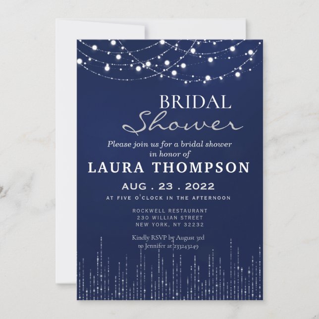navy blue Bridal shower invitation card lights (Front)
