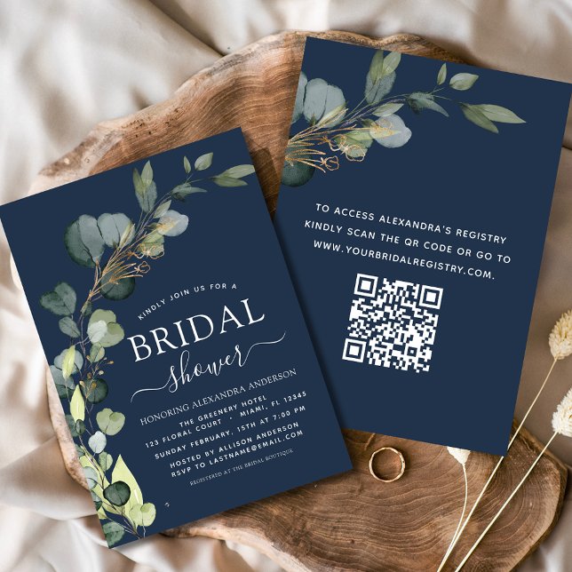 Navy Blue Bridal Shower QR Code Eucalyptus Invitation (Creator Uploaded)