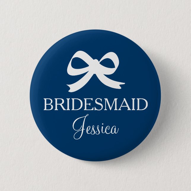 Navy blue bridesmaid name button badge for wedding (Front)