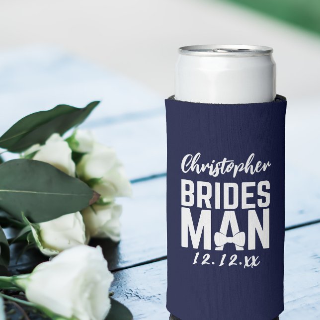 Navy Blue Bridesman Wedding Can Cooler (Just add your Bridesman's name and your wedding date)