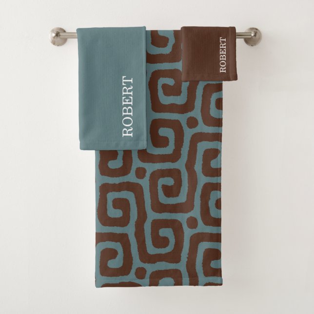 Navy Blue &Brown Abstract Pattern Monogram name Bath Towel Set (Insitu)