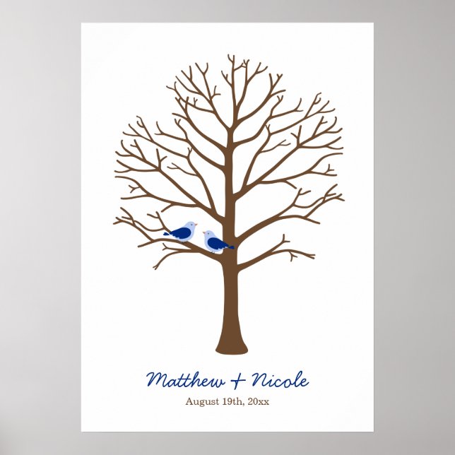 Navy Blue Brown Birds Fingerprint Tree Wedding Poster (Front)