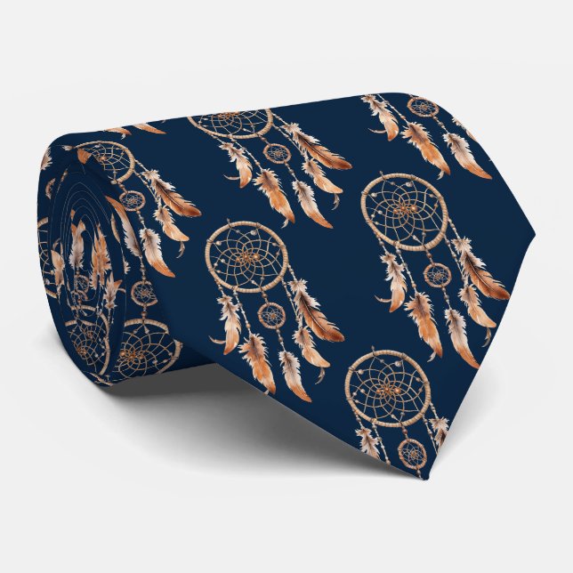 Navy Blue Brown Dream Catcher Native American Tie (Rolled)