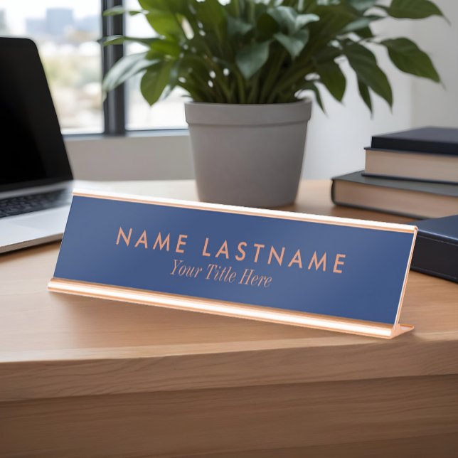 Navy Blue Brown Fonts Minimalist Custom Desk Name Plate (Creator Uploaded)
