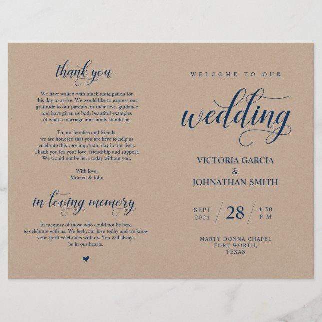 Navy Blue, Brown Kraft, Wedding Foldable Program (Front)