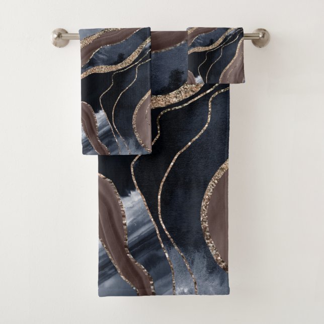 Navy Blue Brown Marble Agate Gold Glitter Glam #1  Bath Towel Set (Insitu)