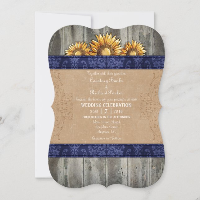 Navy Blue Brown Rustic Sunflower Wedding Invite (Front)
