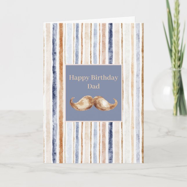 Navy Blue Brown Stripes Moustache Birthday Card (Front)