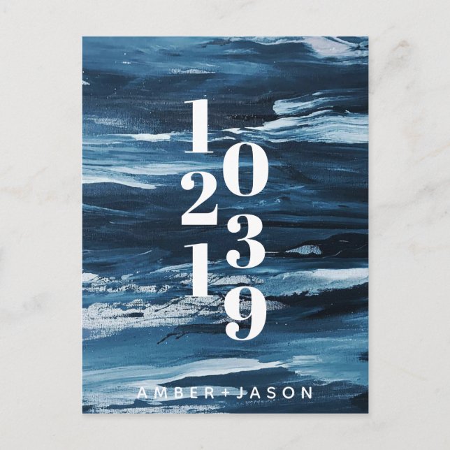 navy blue brush strokes Save the Date Announcement Postcard (Front)