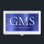 Navy Blue Brushed Metal 3 Monogram Script Business Card Holder<br><div class="desc">Modern Elegant Navy Blue Brushed Metal Monogram Script Business Card Case</div>