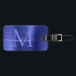 Navy Blue Brushed Metal Girly Script Monogram Cute Luggage Tag<br><div class="desc">Navy Blue Brushed Metal Script Monogram Cute Bag Tag</div>