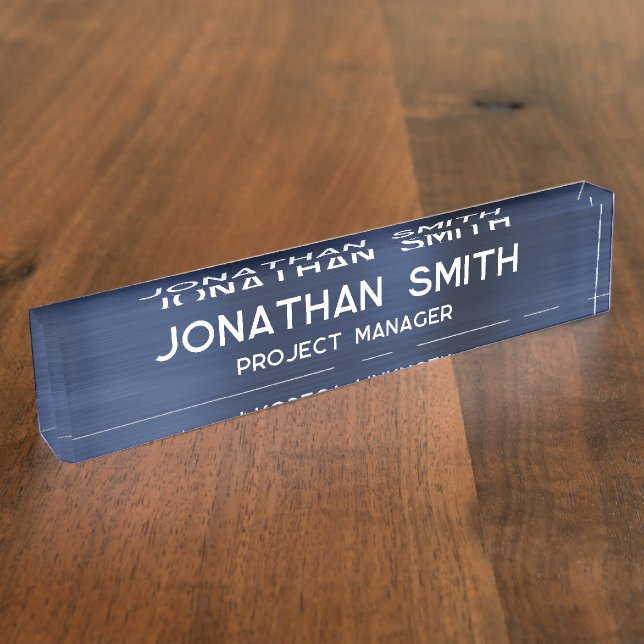 Navy Blue Brushed Metal Minimalist Name Nameplate (Side)