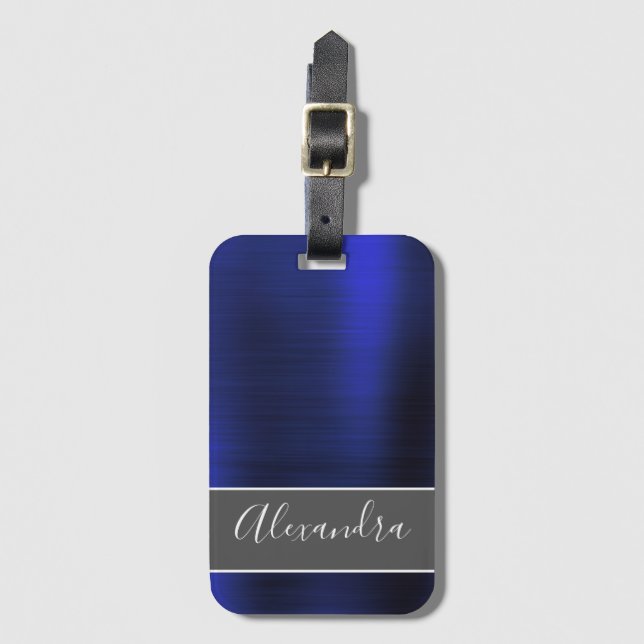 Navy Blue Brushed Metal Monogram Name Luggage Tag (Front Vertical)