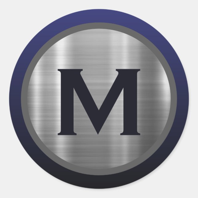 Navy Blue Brushed Silver Monogram Classic Round Sticker (Front)