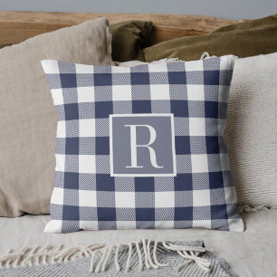 Navy Blue Buffalo Check Monogram Cushion