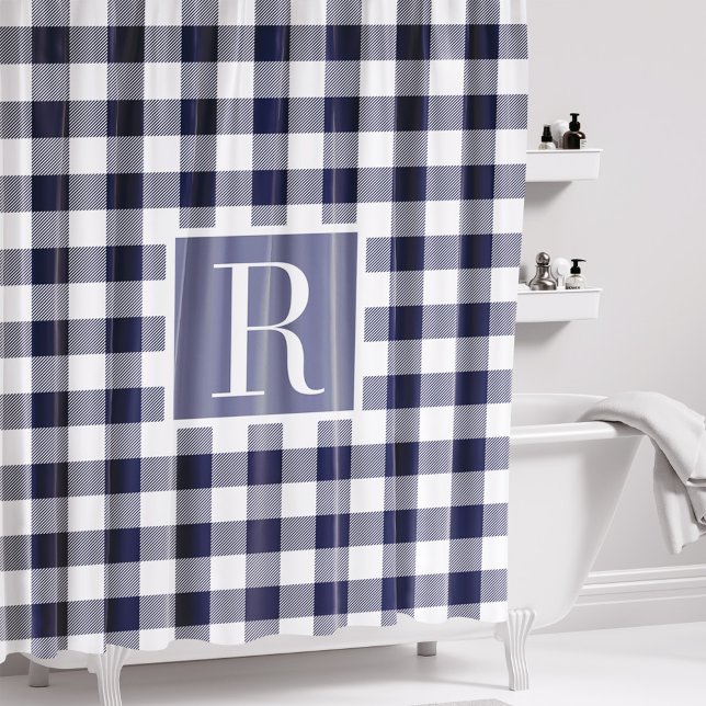 Navy Blue Buffalo Check Monogram Shower Curtain (Creator Uploaded)