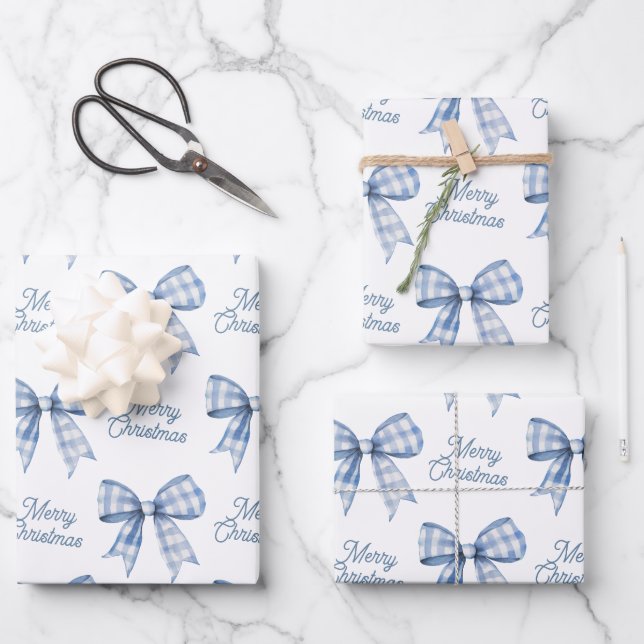 Navy Blue Buffalo Plaid Bow Check Merry Christmas Wrapping Paper Sheet (Front)